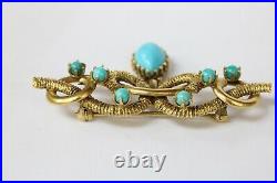 Antique Victorian Hand Crafted 14K Yellow Gold Turquoise Brooch