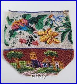 Antique Victorian Hand Embroidered Glass Microbead Silk Pictoral Village Purse