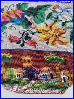 Antique Victorian Hand Embroidered Glass Microbead Silk Pictoral Village Purse