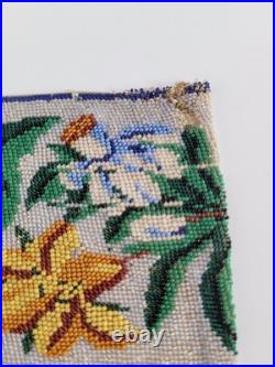 Antique Victorian Hand Embroidered Glass Microbead Silk Pictoral Village Purse