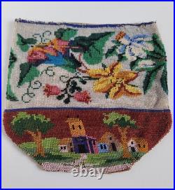 Antique Victorian Hand Embroidered Glass Microbead Silk Pictoral Village Purse