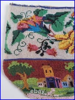 Antique Victorian Hand Embroidered Glass Microbead Silk Pictoral Village Purse