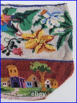 Antique Victorian Hand Embroidered Glass Microbead Silk Pictoral Village Purse