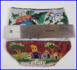 Antique Victorian Hand Embroidered Glass Microbead Silk Pictoral Village Purse