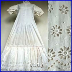 Antique Victorian Hand Embroidery Eyelet Tea Gown Sweep Prairie Dress Sz LARGE