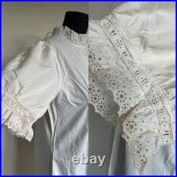 Antique Victorian Hand Embroidery Eyelet Tea Gown Sweep Prairie Dress Sz LARGE