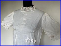 Antique Victorian Hand Embroidery Eyelet Tea Gown Sweep Prairie Dress Sz LARGE