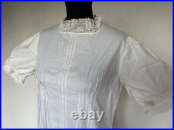 Antique Victorian Hand Embroidery Eyelet Tea Gown Sweep Prairie Dress Sz LARGE