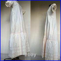 Antique Victorian Hand Embroidery Eyelet Tea Gown Sweep Prairie Dress Sz LARGE