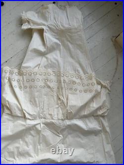 Antique Victorian Hand Embroidery Eyelet Tea Gown Sweep Prairie Dress Sz LARGE