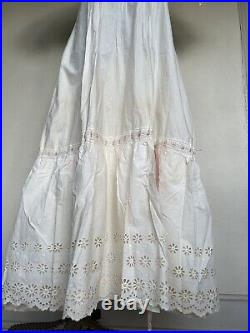 Antique Victorian Hand Embroidery Eyelet Tea Gown Sweep Prairie Dress Sz LARGE