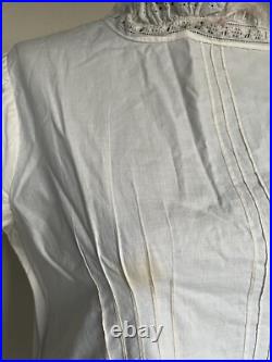 Antique Victorian Hand Embroidery Eyelet Tea Gown Sweep Prairie Dress Sz LARGE