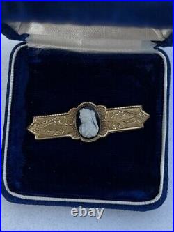Antique Victorian Hand Engraved Gold Filled Black & White Cameo Bar Pin