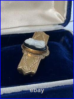 Antique Victorian Hand Engraved Gold Filled Black & White Cameo Bar Pin
