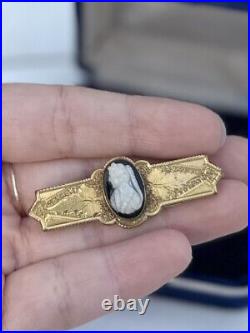 Antique Victorian Hand Engraved Gold Filled Black & White Cameo Bar Pin