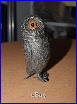 Antique Victorian Hand-Engraved Pewter Owl w Hand Blown Glass Eyes