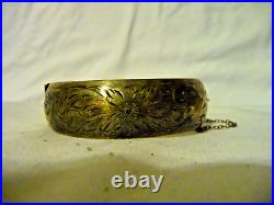 Antique Victorian Hand Engraved Sterling Silver Cuff Bangle Bracelet WIDE Hinge