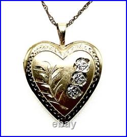 Antique Victorian Hand Etched 14k GF Floral Heart Pendant Locket Necklace