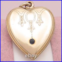 Antique Victorian Hand Etched HEART Blue Paste Gold Filled Large Charm Pendant