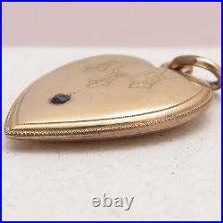 Antique Victorian Hand Etched HEART Blue Paste Gold Filled Large Charm Pendant