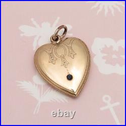 Antique Victorian Hand Etched HEART Blue Paste Gold Filled Large Charm Pendant