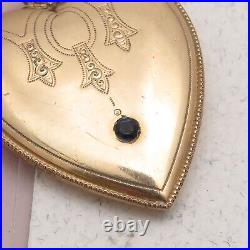 Antique Victorian Hand Etched HEART Blue Paste Gold Filled Large Charm Pendant