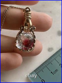 Antique Victorian Hand Holding Red Dot Paste Gold Filled Pendant Necklace