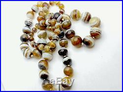Antique Victorian Hand Knotted Graduated Banded Agate Bead Necklace 38 Long