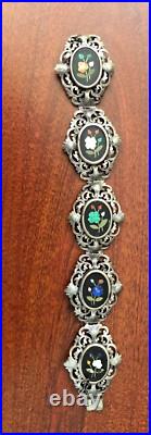 Antique Victorian Hand Made 800 Silver Pietra Dura Inlay Flower Bangle Bracelet
