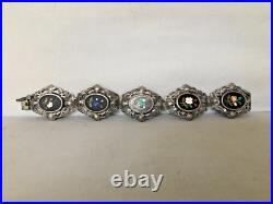 Antique Victorian Hand Made 800 Silver Pietra Dura Inlay Flower Bangle Bracelet