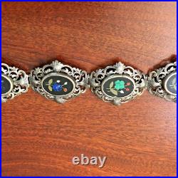 Antique Victorian Hand Made 800 Silver Pietra Dura Inlay Flower Bangle Bracelet