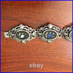 Antique Victorian Hand Made 800 Silver Pietra Dura Inlay Flower Bangle Bracelet