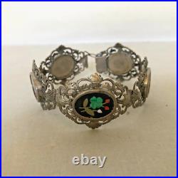 Antique Victorian Hand Made 800 Silver Pietra Dura Inlay Flower Bangle Bracelet