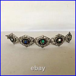 Antique Victorian Hand Made 800 Silver Pietra Dura Inlay Flower Bangle Bracelet