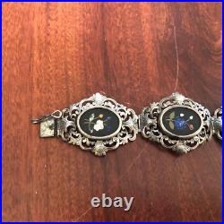 Antique Victorian Hand Made 800 Silver Pietra Dura Inlay Flower Bangle Bracelet
