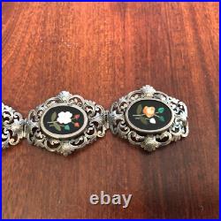 Antique Victorian Hand Made 800 Silver Pietra Dura Inlay Flower Bangle Bracelet