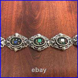 Antique Victorian Hand Made 800 Silver Pietra Dura Inlay Flower Bangle Bracelet