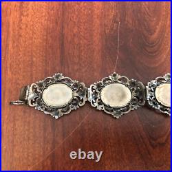 Antique Victorian Hand Made 800 Silver Pietra Dura Inlay Flower Bangle Bracelet