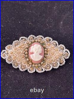 Antique Victorian Hand Made Beaded Cameo Brooch Pin Women Relief ESTATE PIECE