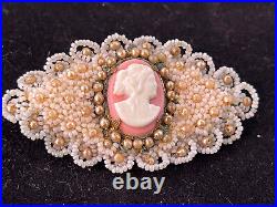 Antique Victorian Hand Made Beaded Cameo Brooch Pin Women Relief ESTATE PIECE