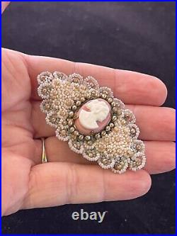 Antique Victorian Hand Made Beaded Cameo Brooch Pin Women Relief ESTATE PIECE