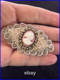 Antique Victorian Hand Made Beaded Cameo Brooch Pin Women Relief ESTATE PIECE
