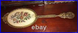 Antique Victorian Hand Mirror Ornate Gold Filigree Floral Pettipoint Bouquet Vtg