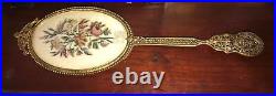 Antique Victorian Hand Mirror Ornate Gold Filigree Floral Pettipoint Bouquet Vtg