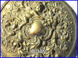 Antique Victorian Hand Mirror w Sleeping Cherub Angel Baby Rose Flowers Swirls