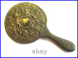 Antique Victorian Hand Mirror w Sleeping Cherub Angel Baby Rose Flowers Swirls