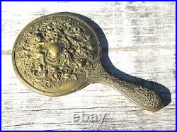 Antique Victorian Hand Mirror w Sleeping Cherub Angel Baby Rose Flowers Swirls