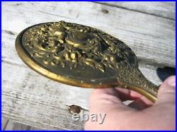 Antique Victorian Hand Mirror w Sleeping Cherub Angel Baby Rose Flowers Swirls