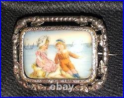 Antique Victorian Hand Paint Cameo Portrait Brooch Children Landscape Sterling