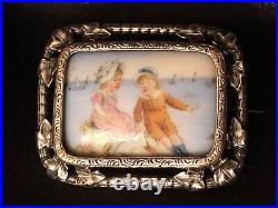 Antique Victorian Hand Paint Cameo Portrait Brooch Children Landscape Sterling